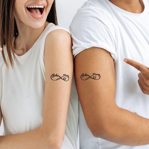 Autocollants de Tatouages Imperméables Peresonnalisés avec Noms et Date Symbole Infini Cœur Lot de 12 Cadeaux Anniversaire de Mariage pour Couple