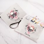 Bolsa de Maquillaje Personalizada con Nombre Murciélagos Calavera Floral Rosa Regalo de Halloween para Mujer