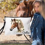 Personalised Watercolour Floral Horse  Linen Wristlet Makeup Bag with Name Birthday Gift for Women Horse Lovers