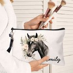 Personalised Watercolour Floral Horse  Linen Wristlet Makeup Bag with Name Birthday Gift for Women Horse Lovers