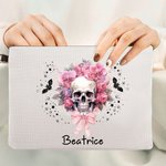 Bolsa de Maquillaje Personalizada con Nombre Murciélagos Calavera Floral Rosa Regalo de Halloween para Mujer
