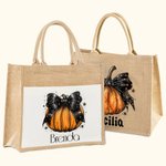 Personalizada calabaza arco de gran capacidad de yute bolsa de lona con nombre de Halloween espeluznante temporada de regalos para las mujeres