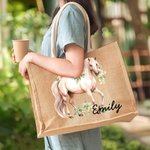 Personifierad blommig häst Återanvändbar jute Totepåse med namn Födelsedag Julklapp för kvinnor Flickor