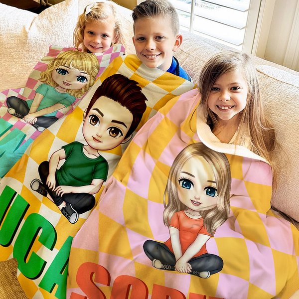 Personalised Multicolour Checkerboard Cute Cartoon Character Soft Throw Blanket with Shadow Name Christmas Birthday Gift for Boys Girls