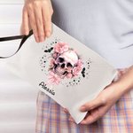Bolsa de Maquillaje Personalizada con Nombre Murciélagos Calavera Floral Rosa Regalo de Halloween para Mujer