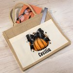 Personalizada calabaza arco de gran capacidad de yute bolsa de lona con nombre de Halloween espeluznante temporada de regalos para las mujeres