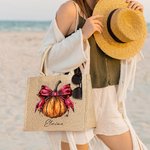 Personalizada calabaza arco de gran capacidad de yute bolsa de lona con nombre de Halloween espeluznante temporada de regalos para las mujeres