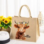 Personalized Flower Highland Cow Jute Tote Bag with Name Birthday Christmas Gift for Highland Cow Lover