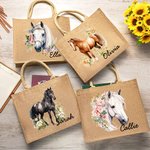Personifierad blommig häst Återanvändbar jute Totepåse med namn Födelsedag Julklapp för kvinnor Flickor