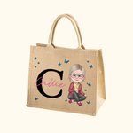 Personalised Woman Cartoon Character Butterfly Design Jute Tote Bag with Initial and Name Accessories Retirement Birthday Gift for Grandma Mom