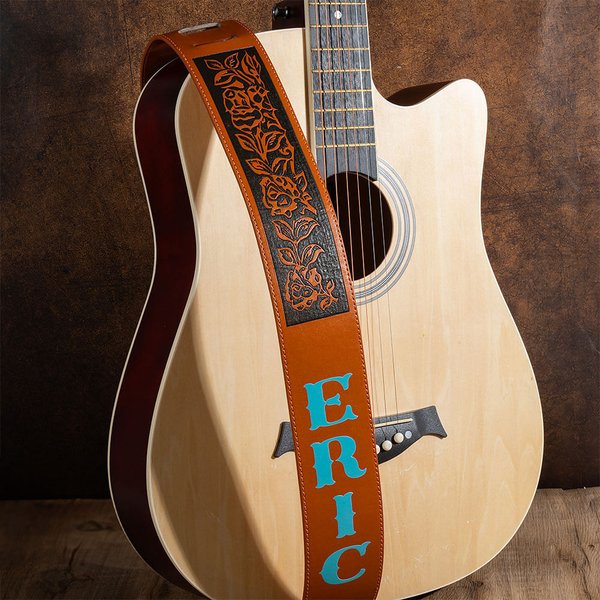 Personalised Retro Western Roses Adjustable Leather Guitar Strap with Name Music Accessories Birthday Gift for Guitar Player