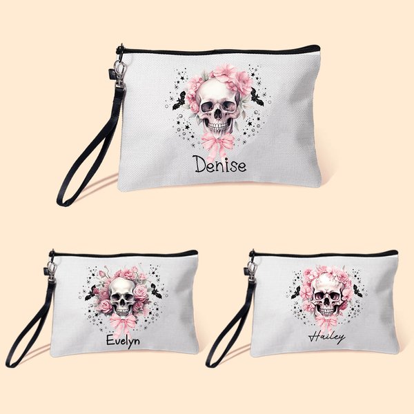 Personnalisé Pink Floral Skull Bats Linen Wristlet Makeup Bag with Name Halloween Gift for Women