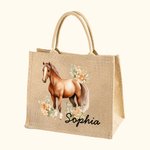 Personifierad blommig häst Återanvändbar jute Totepåse med namn Födelsedag Julklapp för kvinnor Flickor