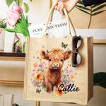 Personalized Flower Highland Cow Jute Tote Bag with Name Birthday Christmas Gift for Highland Cow Lover