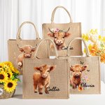Personalized Flower Highland Cow Jute Tote Bag with Name Birthday Christmas Gift for Highland Cow Lover