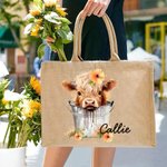 Personalized Flower Highland Cow Jute Tote Bag with Name Birthday Christmas Gift for Highland Cow Lover