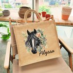 Personifierad blommig häst Återanvändbar jute Totepåse med namn Födelsedag Julklapp för kvinnor Flickor