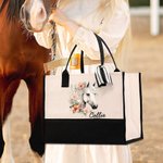 Personalised Floral Horse Large Canvas Tote Bag with Name and Waterproof Liner Birthday Gift for Women Horse Lovers