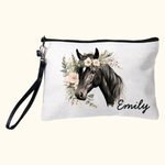Personalised Watercolour Floral Horse  Linen Wristlet Makeup Bag with Name Birthday Gift for Women Horse Lovers