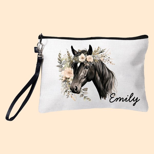 Personalized Watercolor Floral Horse  Linen Wristlet Makeup Bag with Name Birthday Gift for Women Horse Lovers