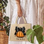 Personalizada calabaza arco de gran capacidad de yute bolsa de lona con nombre de Halloween espeluznante temporada de regalos para las mujeres