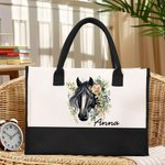 Personalised Floral Horse Large Canvas Tote Bag with Name and Waterproof Liner Birthday Gift for Women Horse Lovers