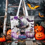 Spersonalizowana fioletowa torba z dyni Witch Highland Cow Canvas Trick or Treat Tote Bag z imieniem Prezent na Halloween dla chłopców Dziewczynki Miłośnicy Highland Cow