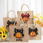 Personalizada calabaza arco de gran capacidad de yute bolsa de lona con nombre de Halloween espeluznante temporada de regalos para las mujeres