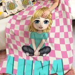 Personalizada Multicolor Checkerboard Cute Cartoon Character Soft Throw Blanket with Shadow Name Christmas Birthday Gift for Boys Girls