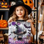 Spersonalizowana fioletowa torba z dyni Witch Highland Cow Canvas Trick or Treat Tote Bag z imieniem Prezent na Halloween dla chłopców Dziewczynki Miłośnicy Highland Cow