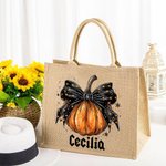 Personalizada calabaza arco de gran capacidad de yute bolsa de lona con nombre de Halloween espeluznante temporada de regalos para las mujeres