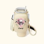 Personalised Pink Floral Skull Water Bottle Carrier Bag with Strap Tumbler Accessories for 40oz Stanley Halloween Gift for Women Girls Skull Lovers