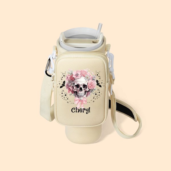 Personalisierte rosa Floral Skull Wasserflasche Carrier Tasche mit Riemen Tumbler Zubehör für 40oz Stanley Halloween Geschenk für Frauen Mädchen Schäd