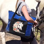 Personalised Watercolour Floral Horse Large Zippered Tote Bag with Name and Mesh Pocket Birthday Gift for Women Horse Lovers