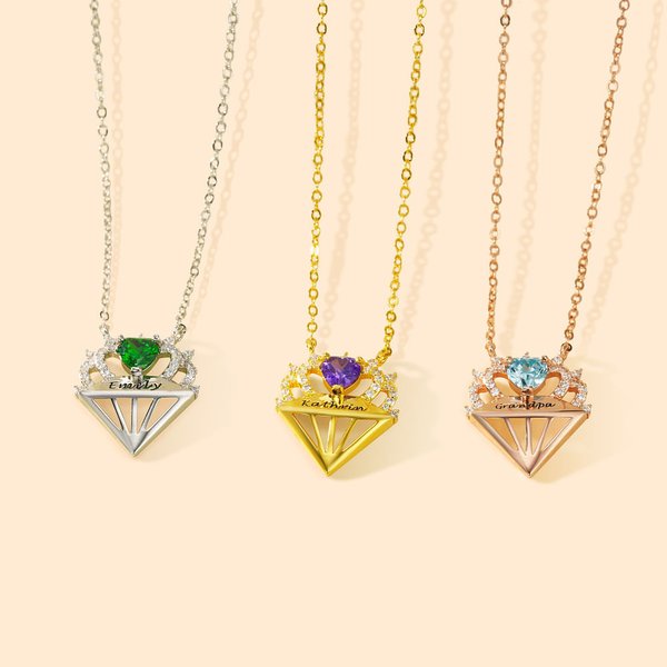 Collier pendentif couronne en forme de diamant personnalisé avec pierre de naissance en forme de coeur et nom gravé Bijoux délicats Anniversaire Cadea