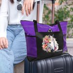 Personalised Watercolour Floral Horse Large Zippered Tote Bag with Name and Mesh Pocket Birthday Gift for Women Horse Lovers