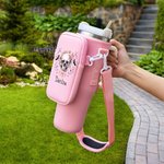 Personalised Pink Floral Skull Water Bottle Carrier Bag with Strap Tumbler Accessories for 40oz Stanley Halloween Gift for Women Girls Skull Lovers