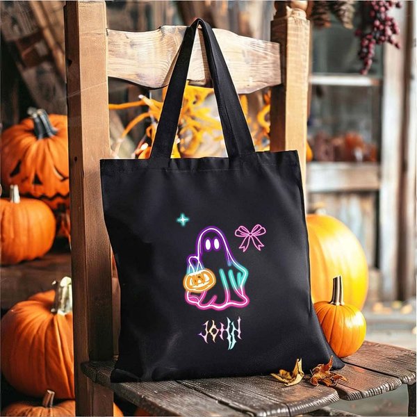 Sac à main en toile avec nom personnalisé Fantôme néon Cadeau d'Halloween pour la famille et les amis
