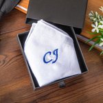 Personalized Linen Embroidered Monogrammed Handkerchief Hand Rolled Pocket Square with Box Christmas Wedding Gift for Men Boyfriend Groomsmen