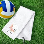 Personalised Volleyball Birth Flower 100% Cotton Towel Name with Hanging Clip Birthday Gift for Volleyball Lovers