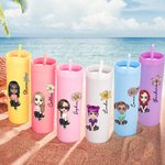 Personalised Multicolour Cartoon Character and Birth Flower 16oz Matte Tumbler with Name and Straw Birthday Wedding Party Gift for Women Girls