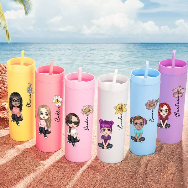 Personalised Multicolour Cartoon Character and Birth Flower 16oz Matte Tumbler with Name and Straw Birthday Wedding Party Gift for Women Girls