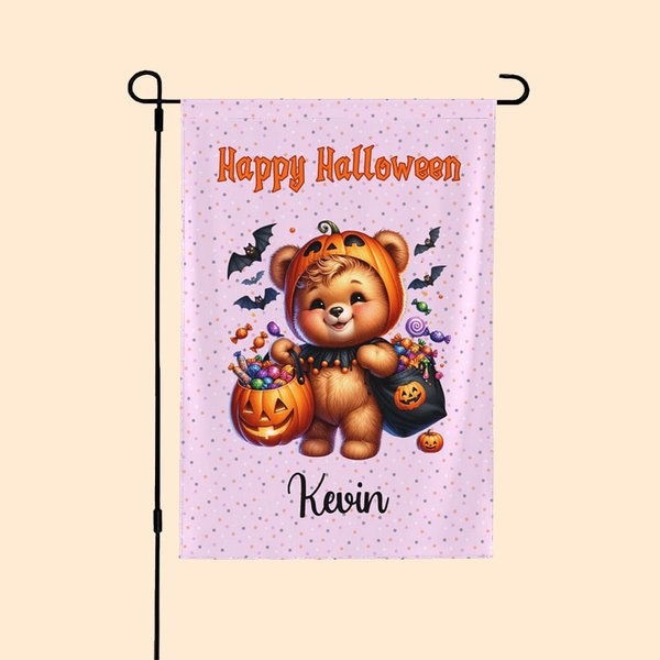 Drapeau de jardin personnalisé en forme de citrouille avec texte du nom Décoration de jardin Cadeau d'Halloween pour la famille