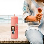 Personalised Multicolour Cartoon Character and Birth Flower 16oz Matte Tumbler with Name and Straw Birthday Wedding Party Gift for Women Girls