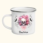 Tasse en émail rose personnalisée avec nom Cadeau d'Halloween pour les femmes aimant les têtes de mort