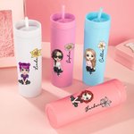 Personalised Multicolour Cartoon Character and Birth Flower 16oz Matte Tumbler with Name and Straw Birthday Wedding Party Gift for Women Girls