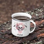 Tasse en émail rose personnalisée avec nom Cadeau d'Halloween pour les femmes aimant les têtes de mort