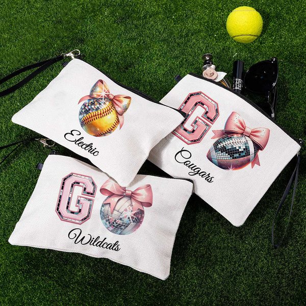 Personalised Football Tennis Disco Ball Name Makeup Bag with Wristlet Travel Accessories Gift for Women Sports Lover