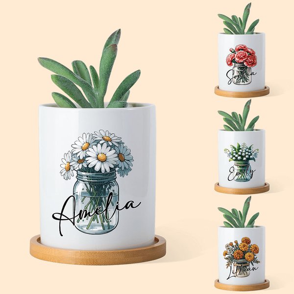 Fiore di nascita personalizzato in ceramica con nome, vaso per piante succulente con drenaggio e base in legno Regalo di compleanno per la casa per un