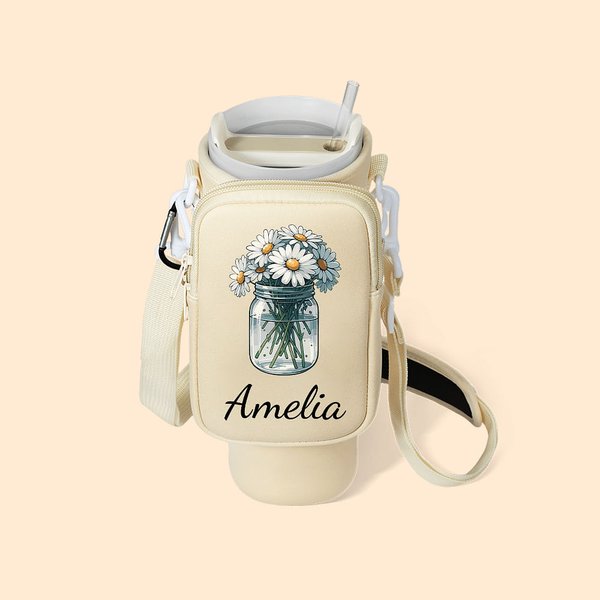Personalised Vintage Birth Flower Water Bottle Carrier Bag with Strap Tumbler Accessories for 40oz Stanley Birthday Gift for Women